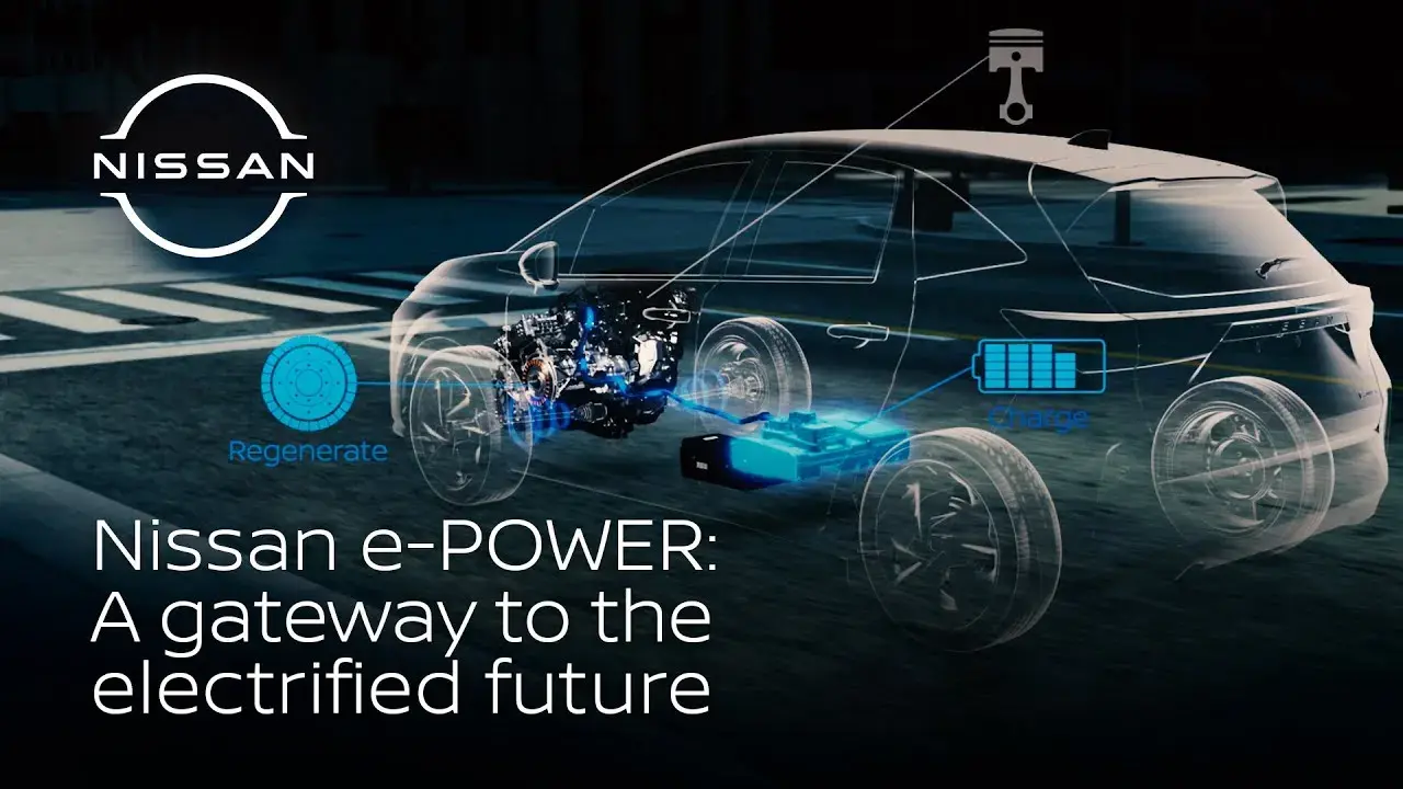 رسم توضيحي لنظام نيسان e-POWER الهجين داخل سيارة SUV شفافة يظهر المحرك والبطارية