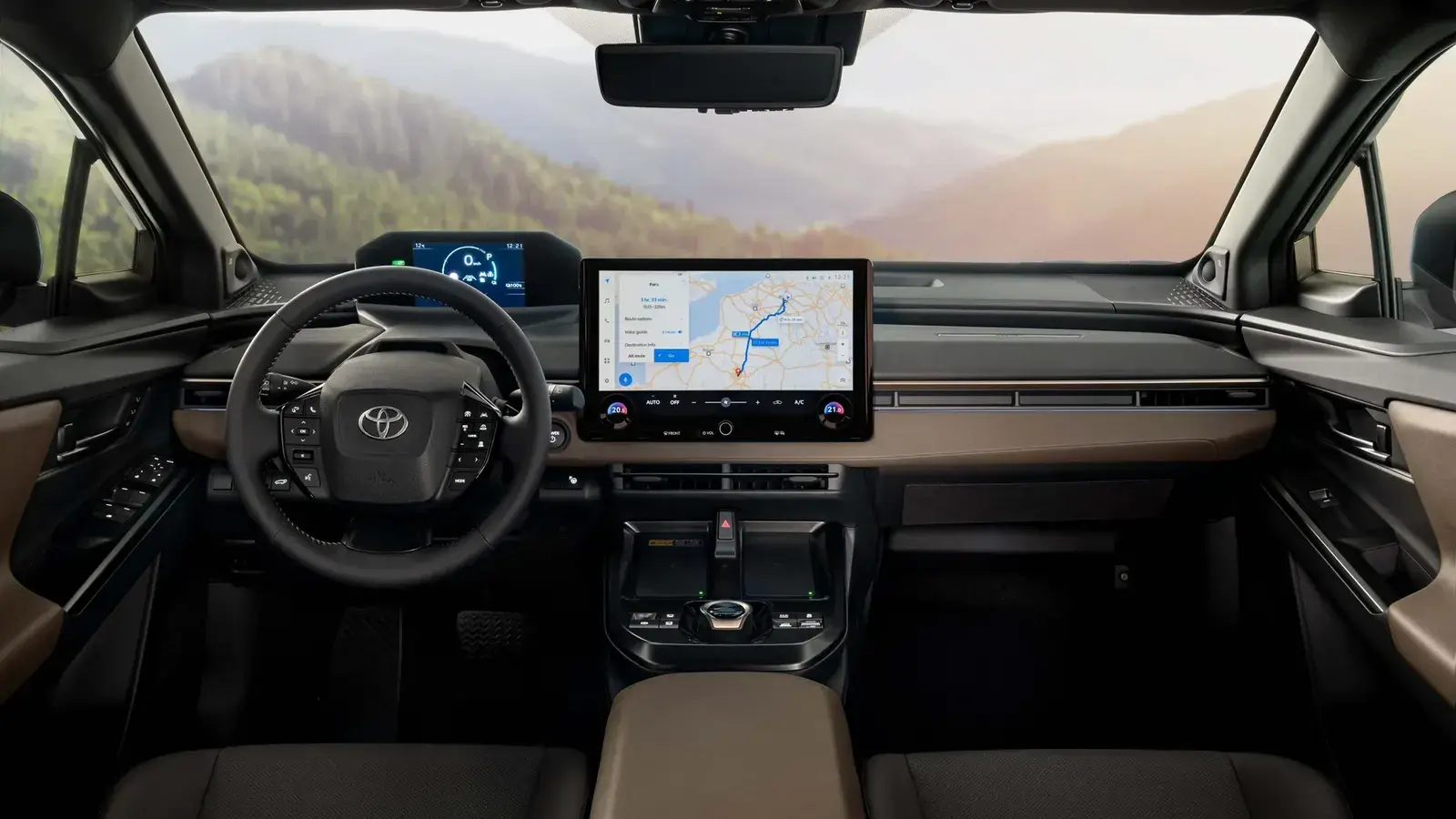 مقصورة تويوتا bZ4X Touring الكهربائية مع الطبلون والمقود والشاشة الوسطى
