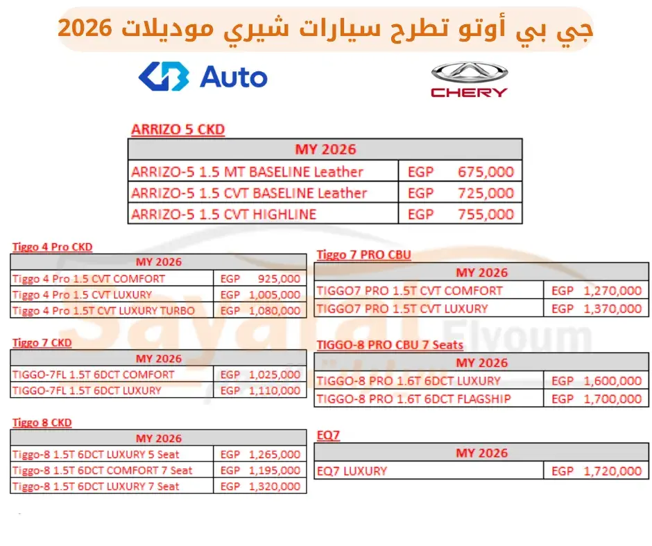 جدول أسعار فئات سيارات شيري موديل 2026 من جي بي أوتو