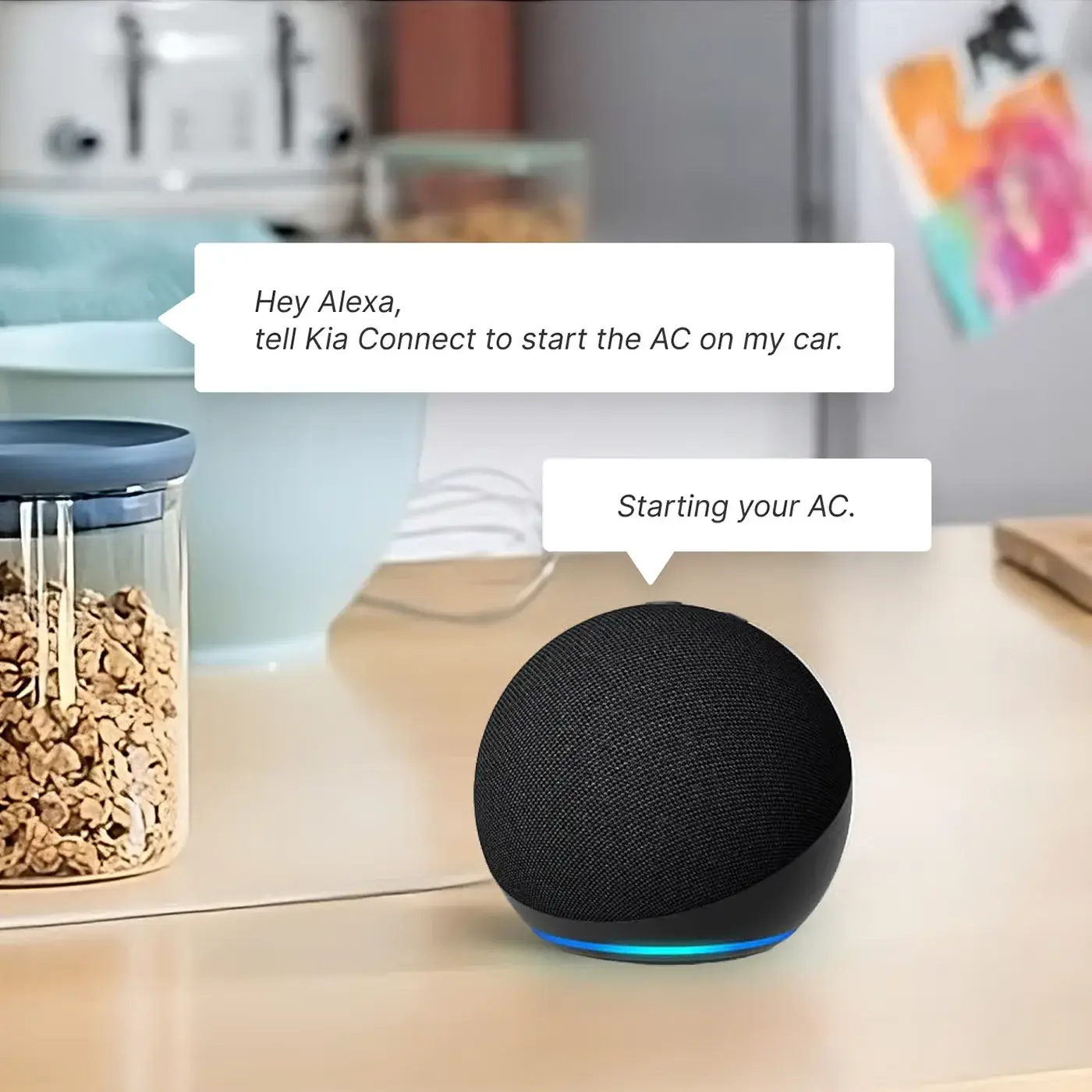 مكبر صوت ذكي ينفذ أمرًا صوتيًا لتشغيل تكييف السيارة عبر Kia Connect