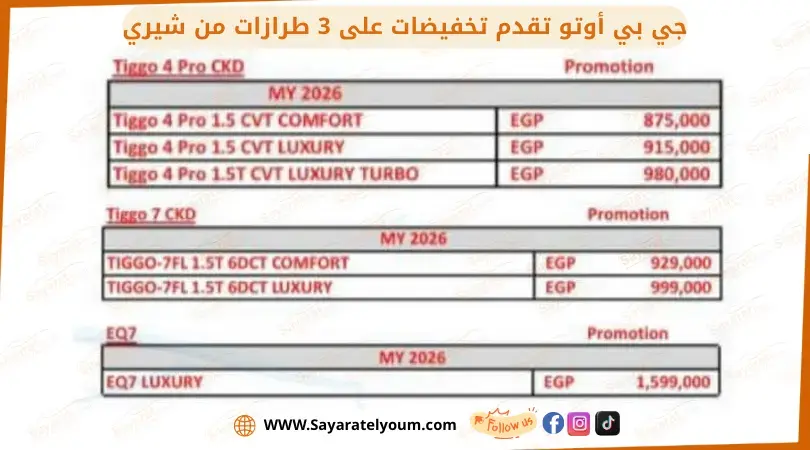 جدول أسعار شيري تيجو 4 برو وتيجو 7 وEQ7 موديل 2026 بعد التخفيض