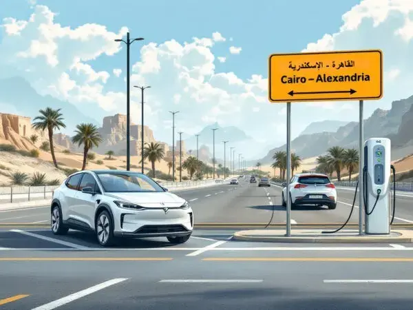 رسم توضيحي لسيارة كهربائية بجوار شاحن ولافتة طريق القاهرة الإسكندرية