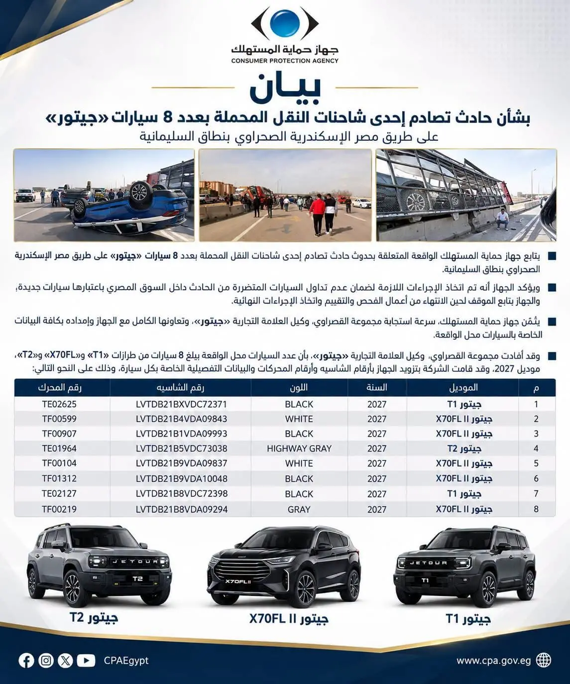 بيان جهاز حماية المستهلك بشأن حادث شاحنة سيارات جيتور مع جدول بيانات السيارات