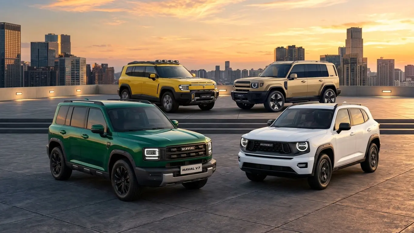 أربع سيارات SUV صندوقية من هافال بينها هافال V7 الخضراء على سطح مطل على المدينة