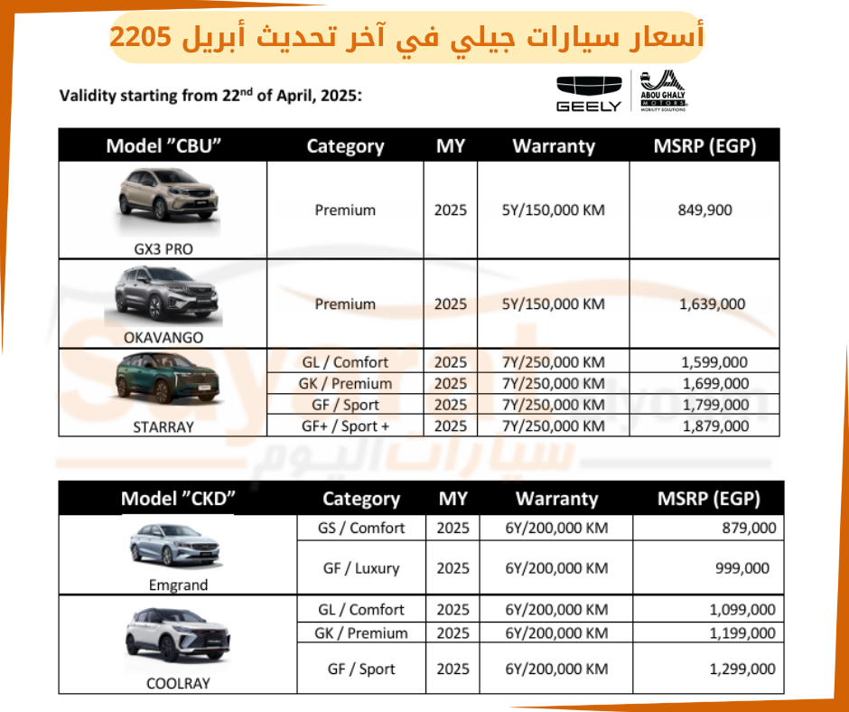أسعار سيارات جيلي الجديدة موديلات 2025
