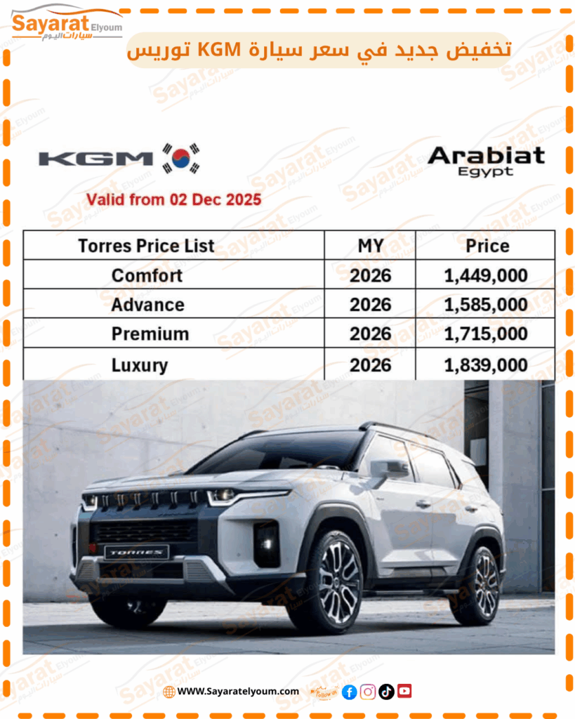 يصل إلى 100 ألف جنيه.. تخفيض سعر سيارة KGM توريس 2026